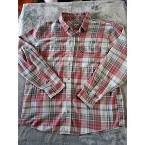 Huk Mens XL Red Plaid Flannel Roll Tab Long Sleeve Button Down Shirt Outdoor